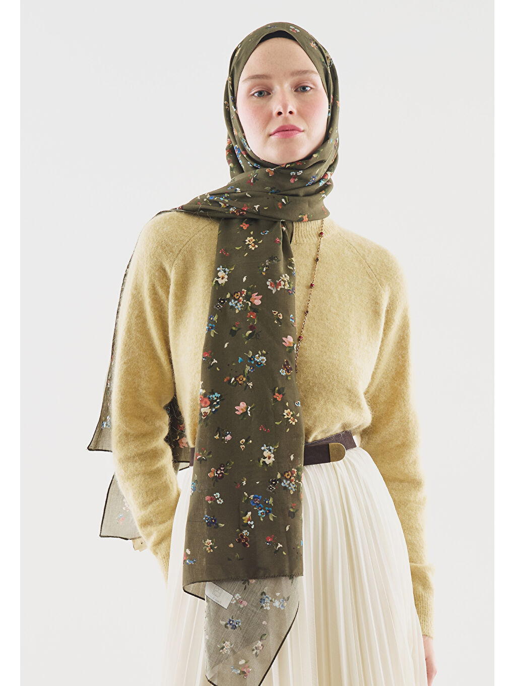 Haki TINY BLOOMS DESENLİ PAMUK VİSKON ŞAL HAKİ-1