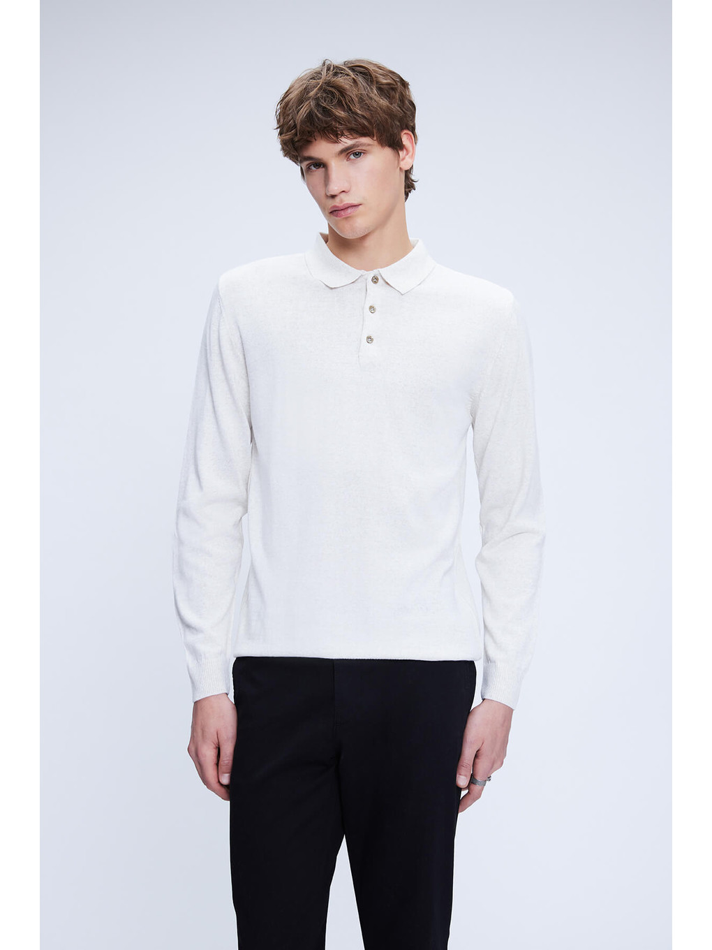 Bej Regular Fit Polo Yaka Yünlü Kazak