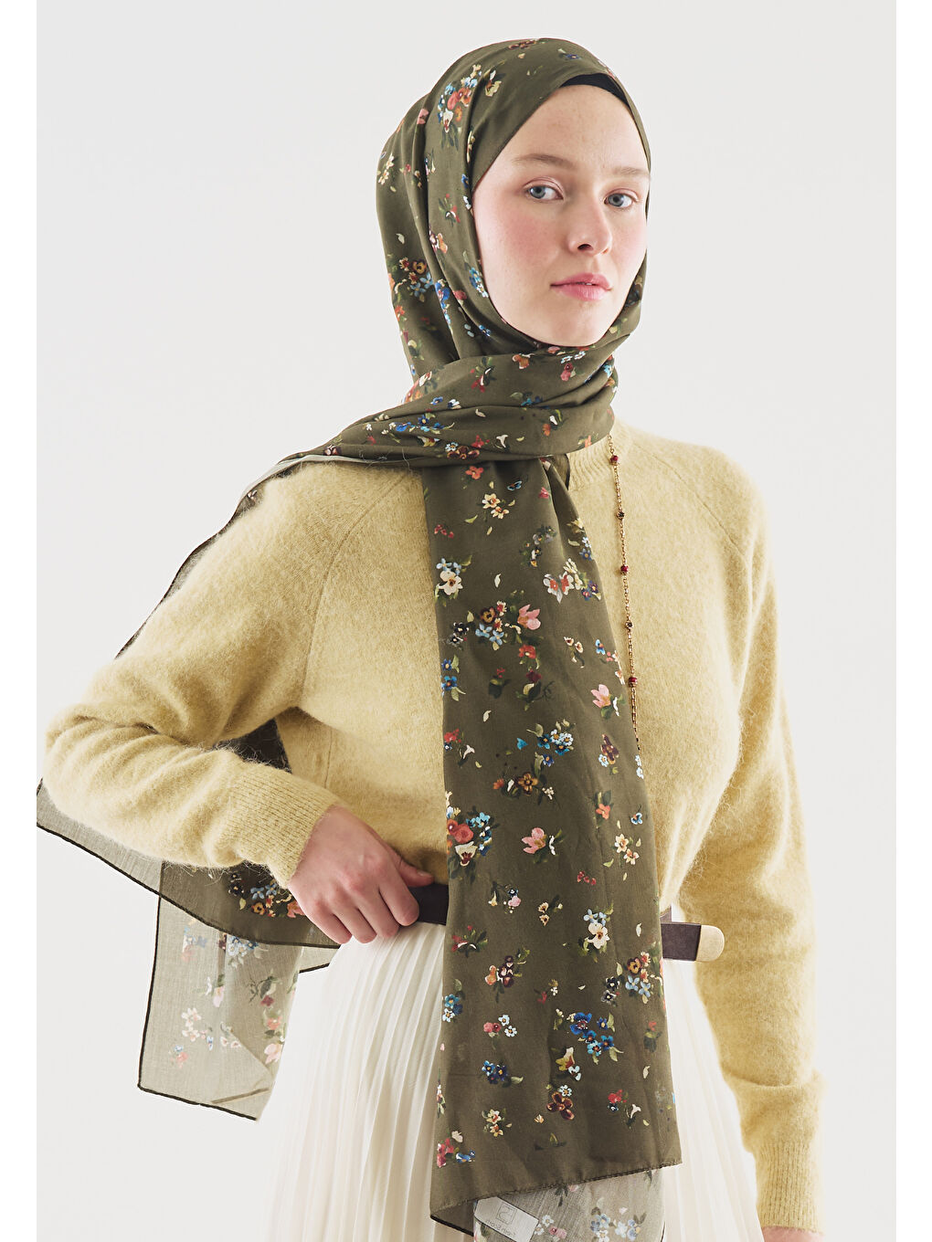 Haki TINY BLOOMS DESENLİ PAMUK VİSKON ŞAL HAKİ-2