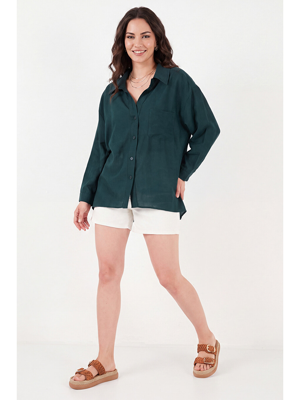 Yeşil Modal Oversize Fit Uzun Kollu Kadın Gömlek 6834612-5