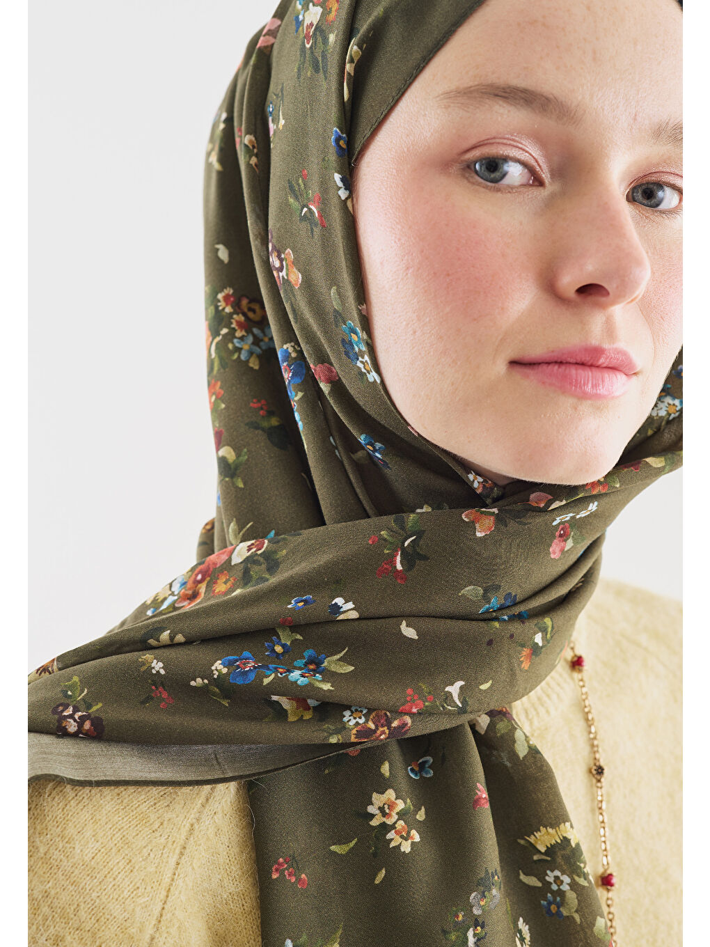 Haki TINY BLOOMS DESENLİ PAMUK VİSKON ŞAL HAKİ-3