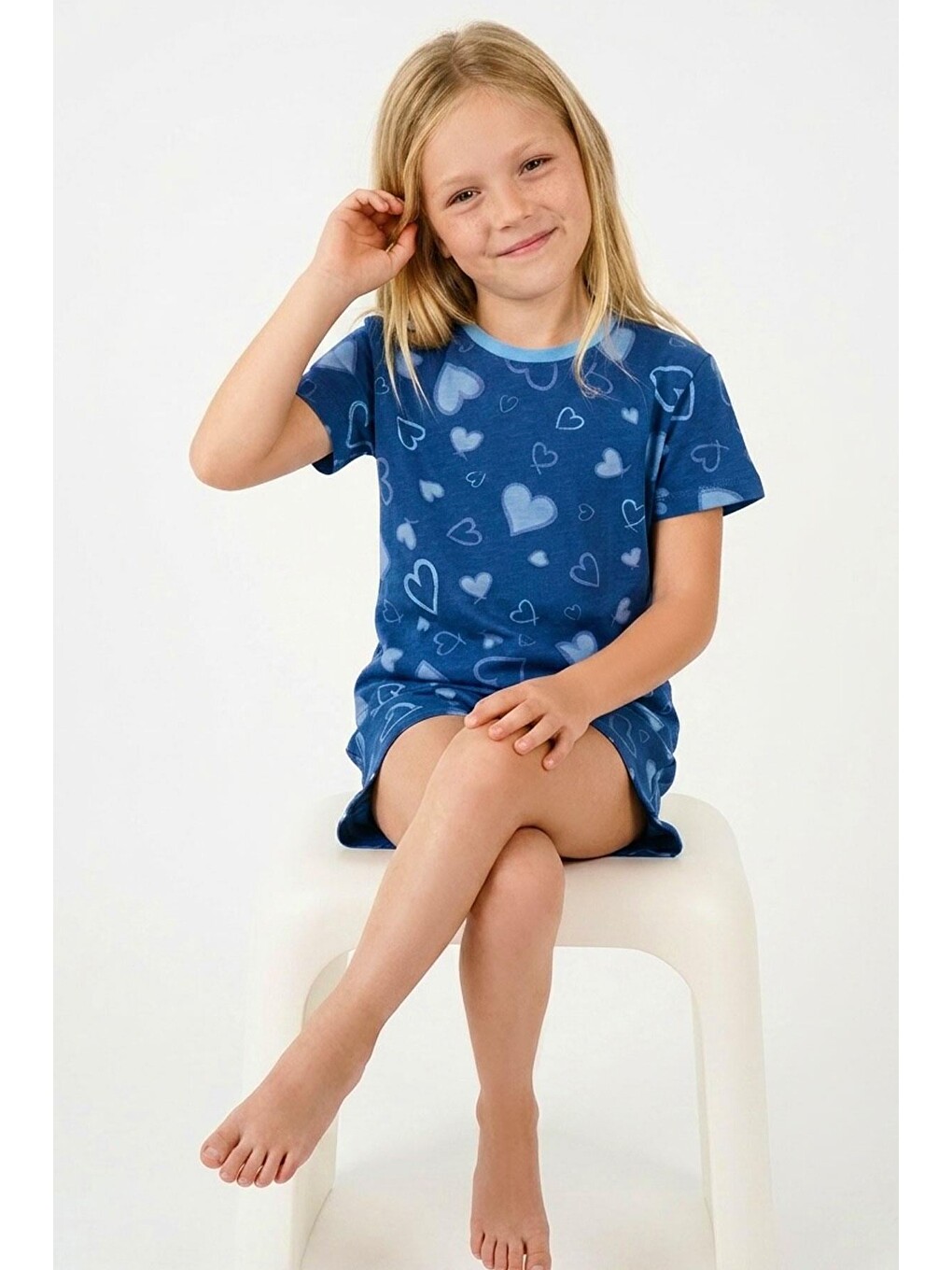 Kız Çocuk Şortlu Pijama Takımı Kalp Desenli İndigo (4-8 Yaş)-1