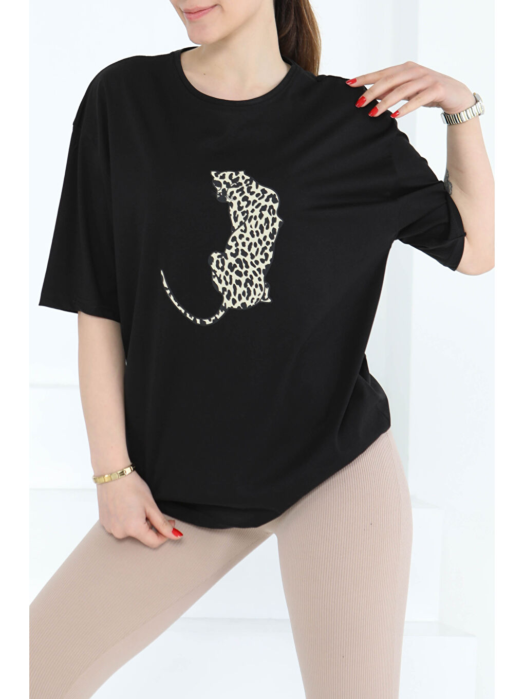 Kaplan Baskılı Kısa Kollu T-Şhirt Siyah - 27123-1