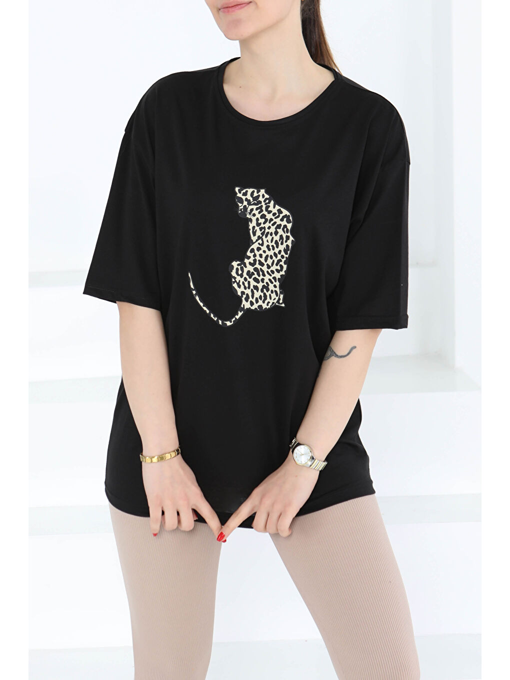 Kaplan Baskılı Kısa Kollu T-Şhirt Siyah - 27123-2