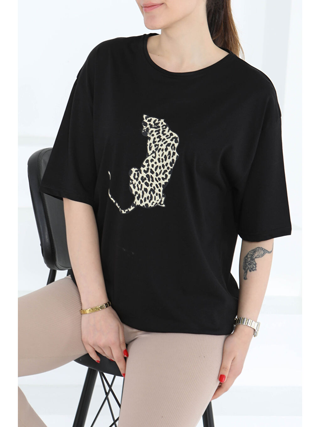 Kaplan Baskılı Kısa Kollu T-Şhirt Siyah - 27123-3