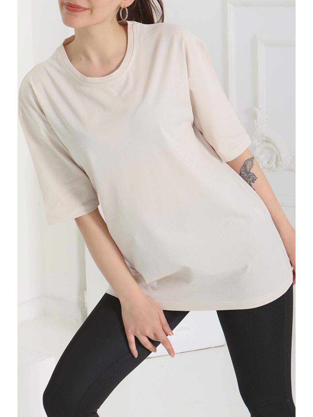 Ekru Oversize Kısa Kollu T-Şhirt Krem - 27118-3
