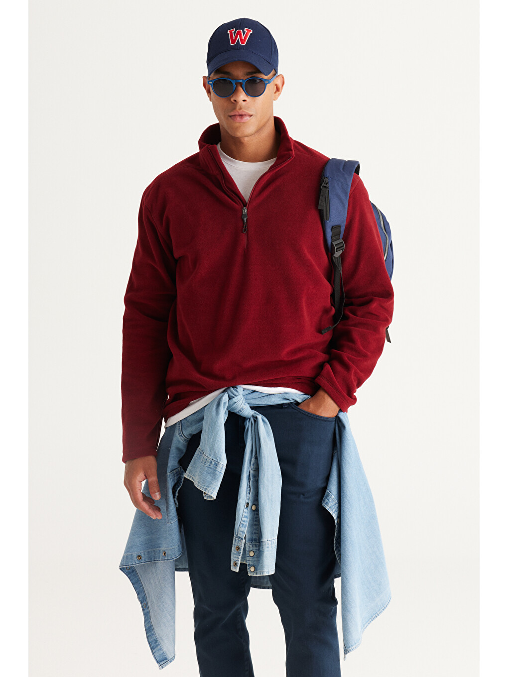 Erkek Bordo Anti-pilling Tüylenme Yapmayan Standart Fit Dik Yaka Polar Sweatshirt