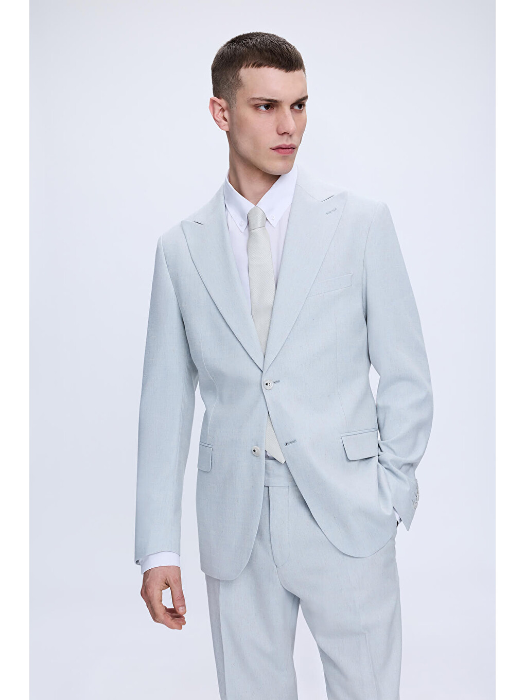 Mavi Slim Fit Sivri Yaka Keten Takım Elbise-1