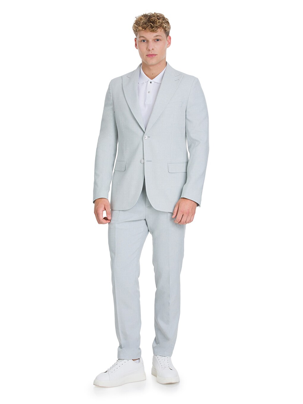 Mavi Slim Fit Sivri Yaka Keten Takım Elbise-2
