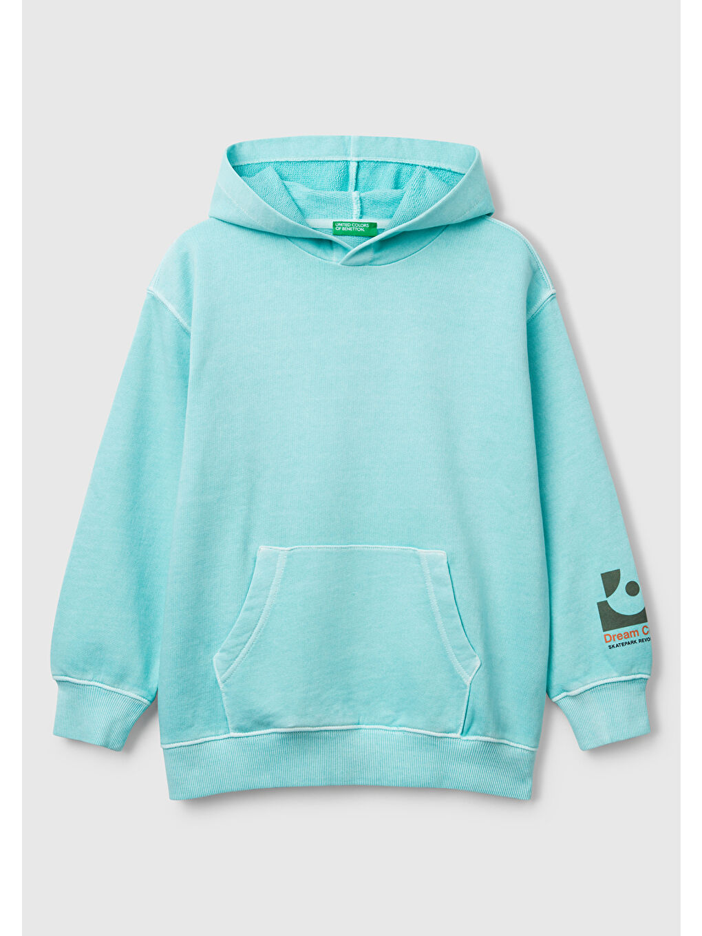 Erkek Çocuk Turkuaz Baskılı Soluk Efektli Kese Cepli Kapüşonlu Sweatshirt