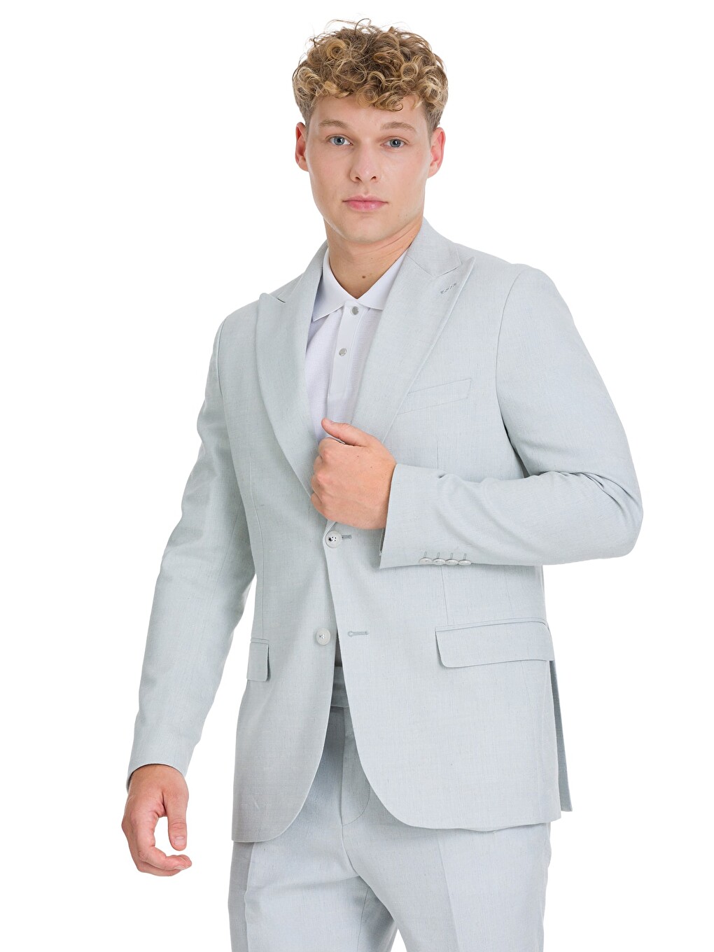 Mavi Slim Fit Sivri Yaka Keten Takım Elbise-3
