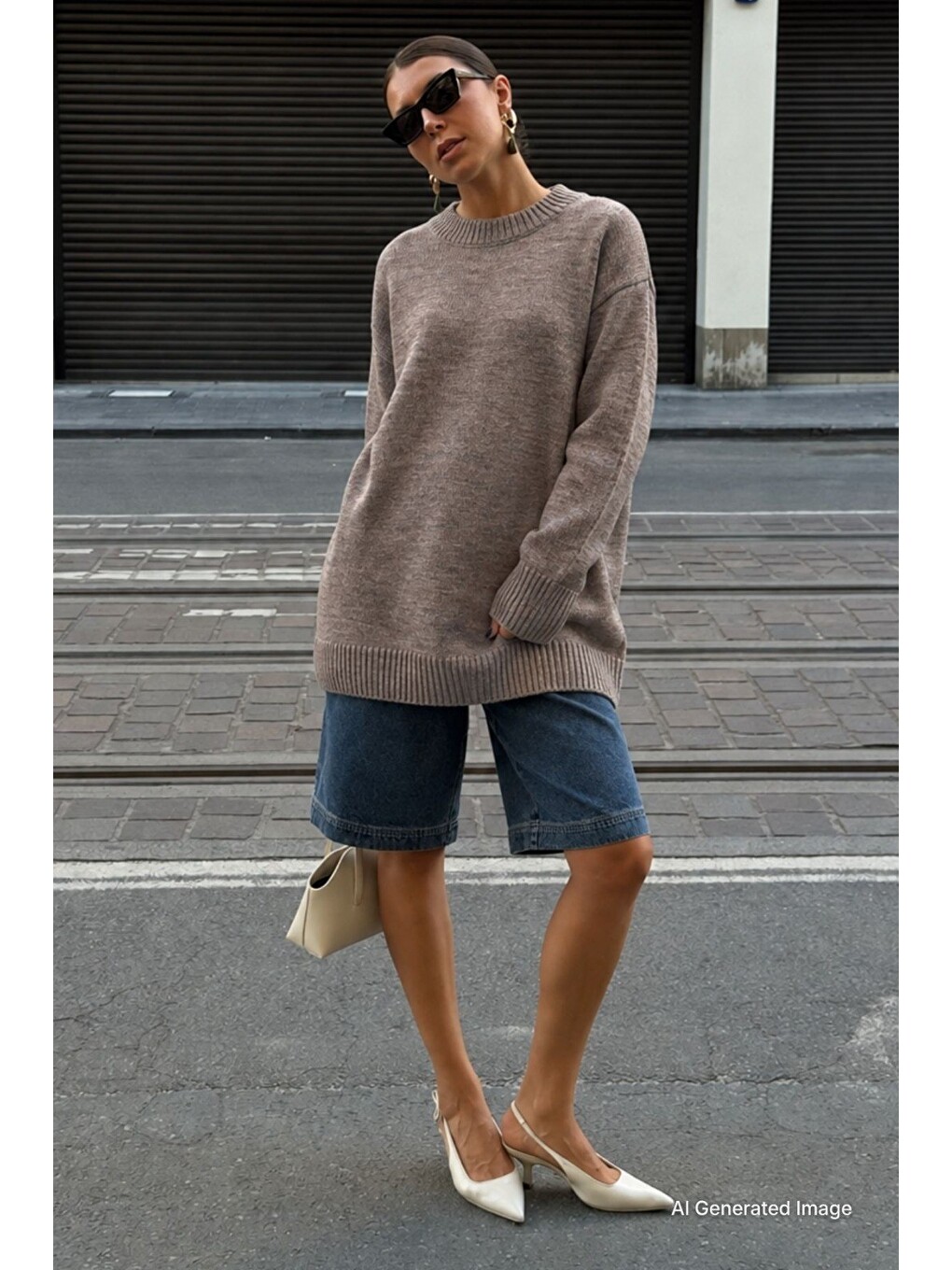 Bej Vizon Bisiklet Yaka Oversize Uzun Kadın Triko Kazak Mg2890