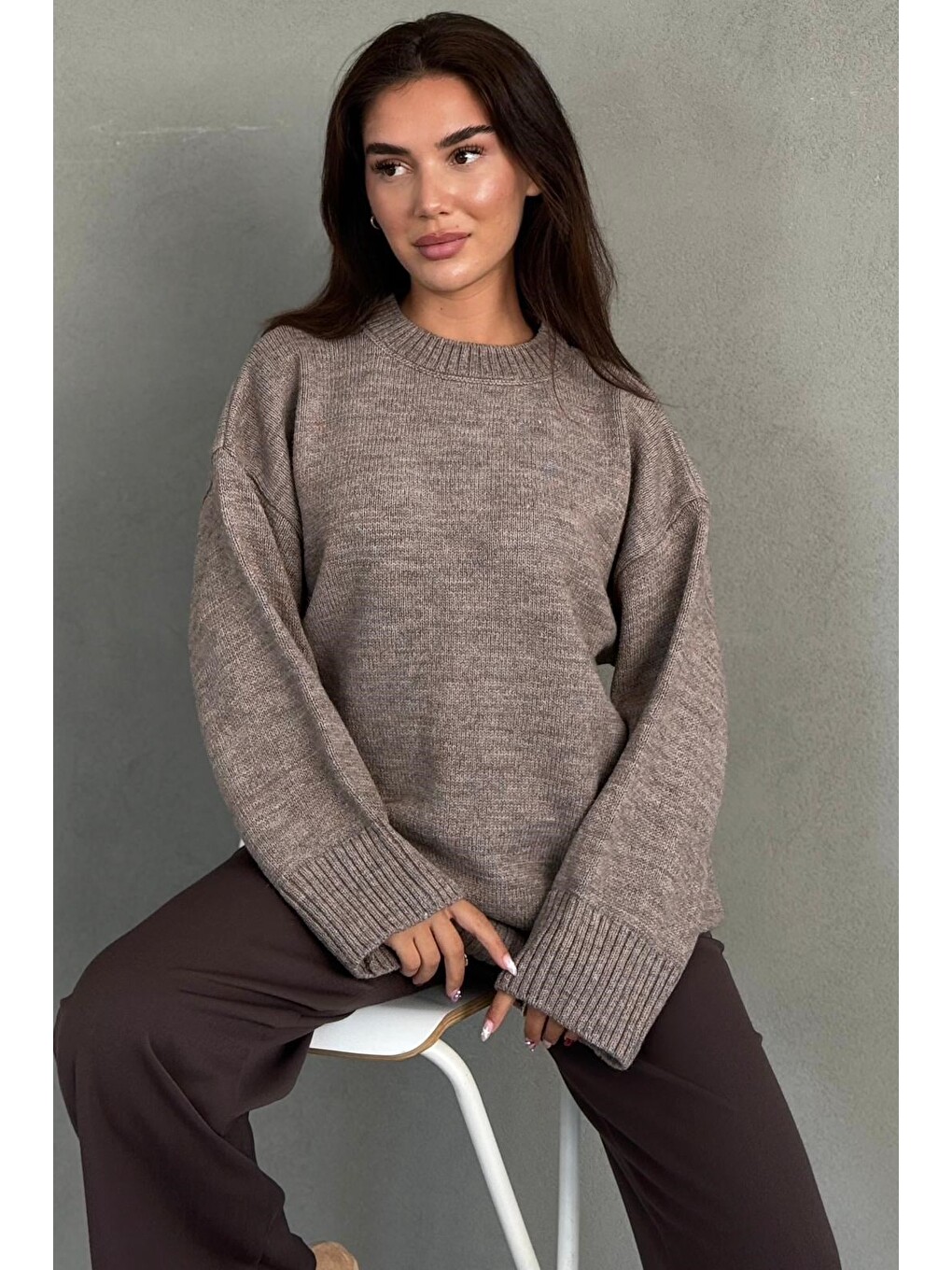 Bej Vizon Bisiklet Yaka Oversize Uzun Kadın Triko Kazak Mg2890-1
