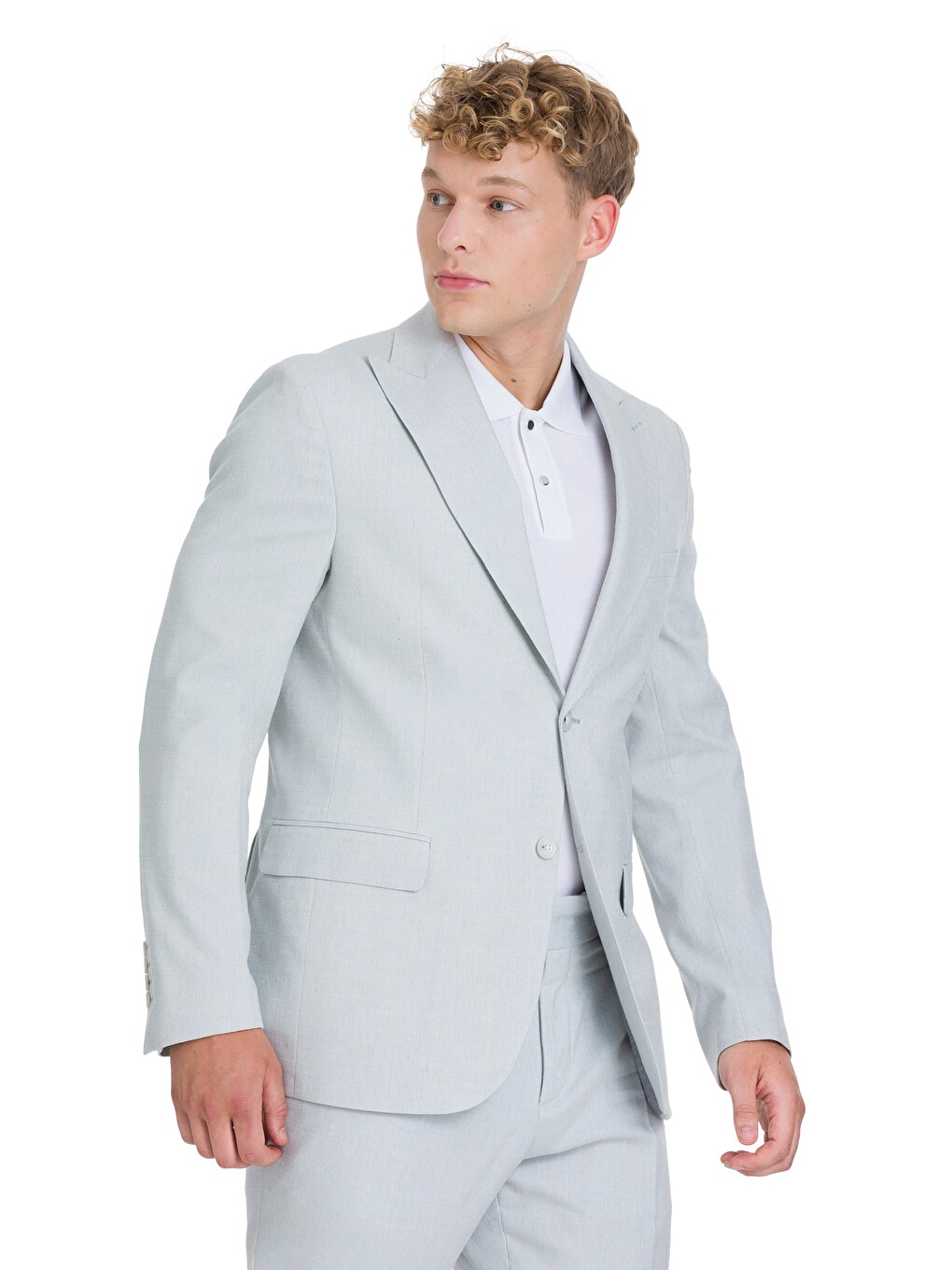 Mavi Slim Fit Sivri Yaka Keten Takım Elbise-4