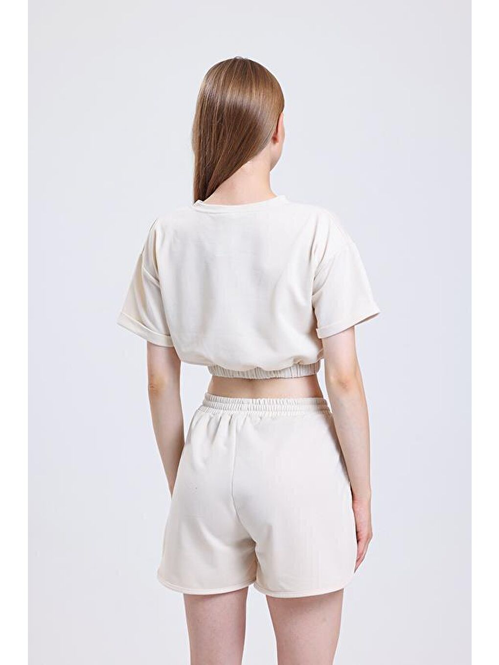 Ekru Bisiklet Yaka Kısa Kollu Crop Şortlu Kadın Pijama Takımı-5