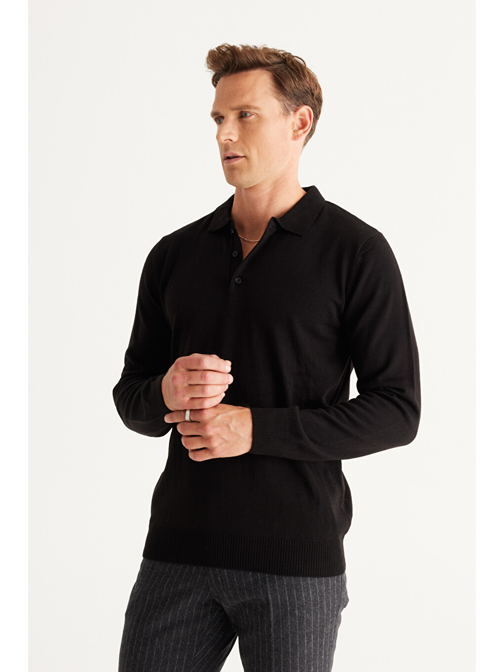 Erkek Siyah Tüylenme Yapmayan Anti Pilling Kumaş Standart Fit Polo Yaka Triko-5