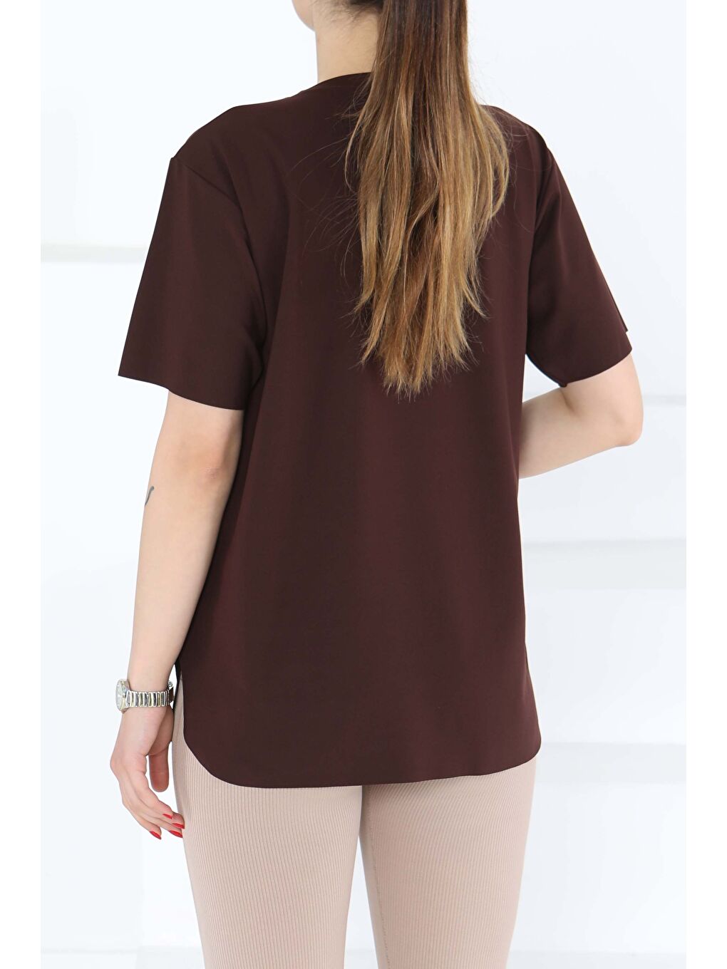 Kahverengi Yırtmalı Kısa Kollu T-Şhirt Kahve - 27117-5