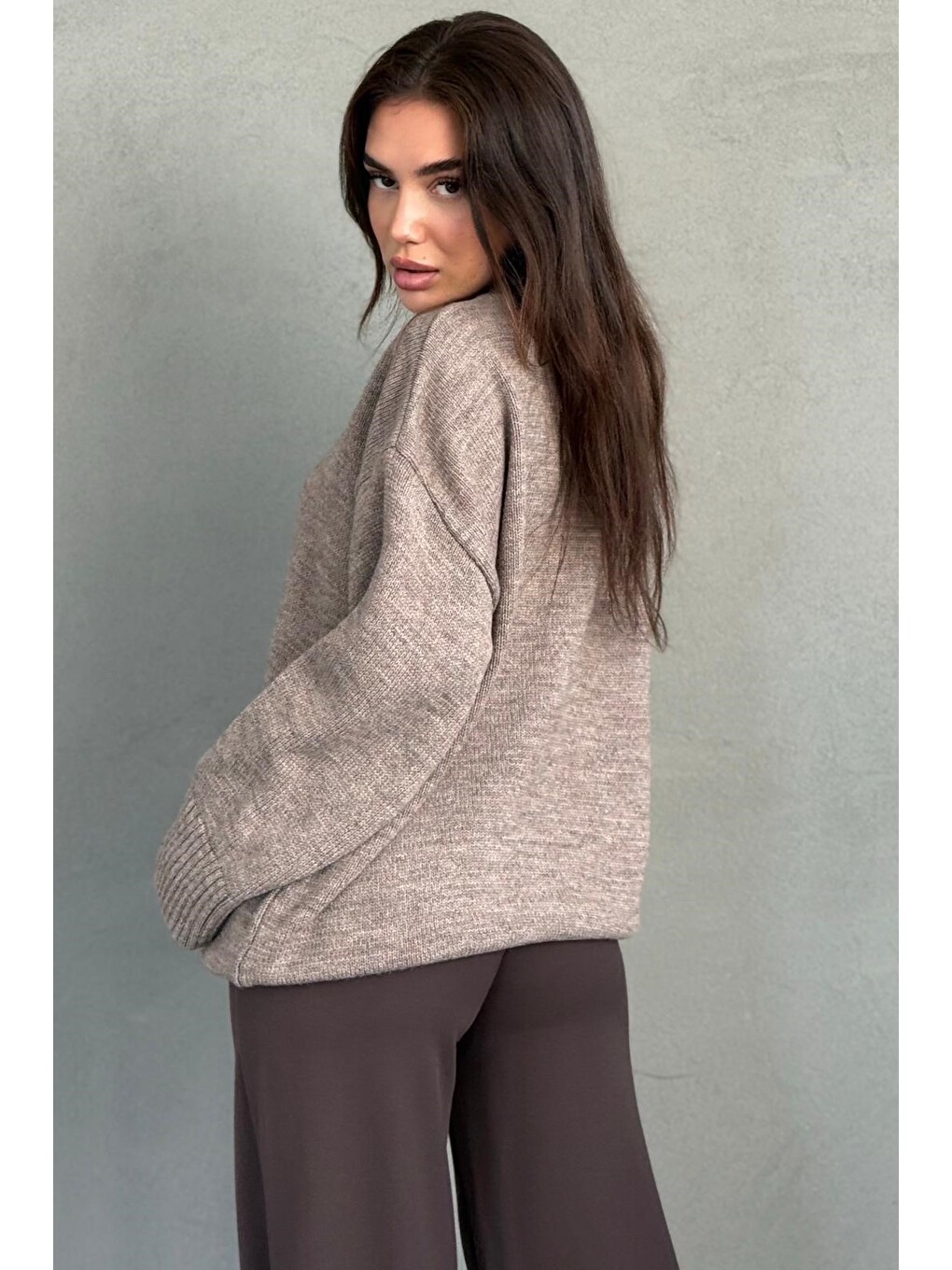 Bej Vizon Bisiklet Yaka Oversize Uzun Kadın Triko Kazak Mg2890-3