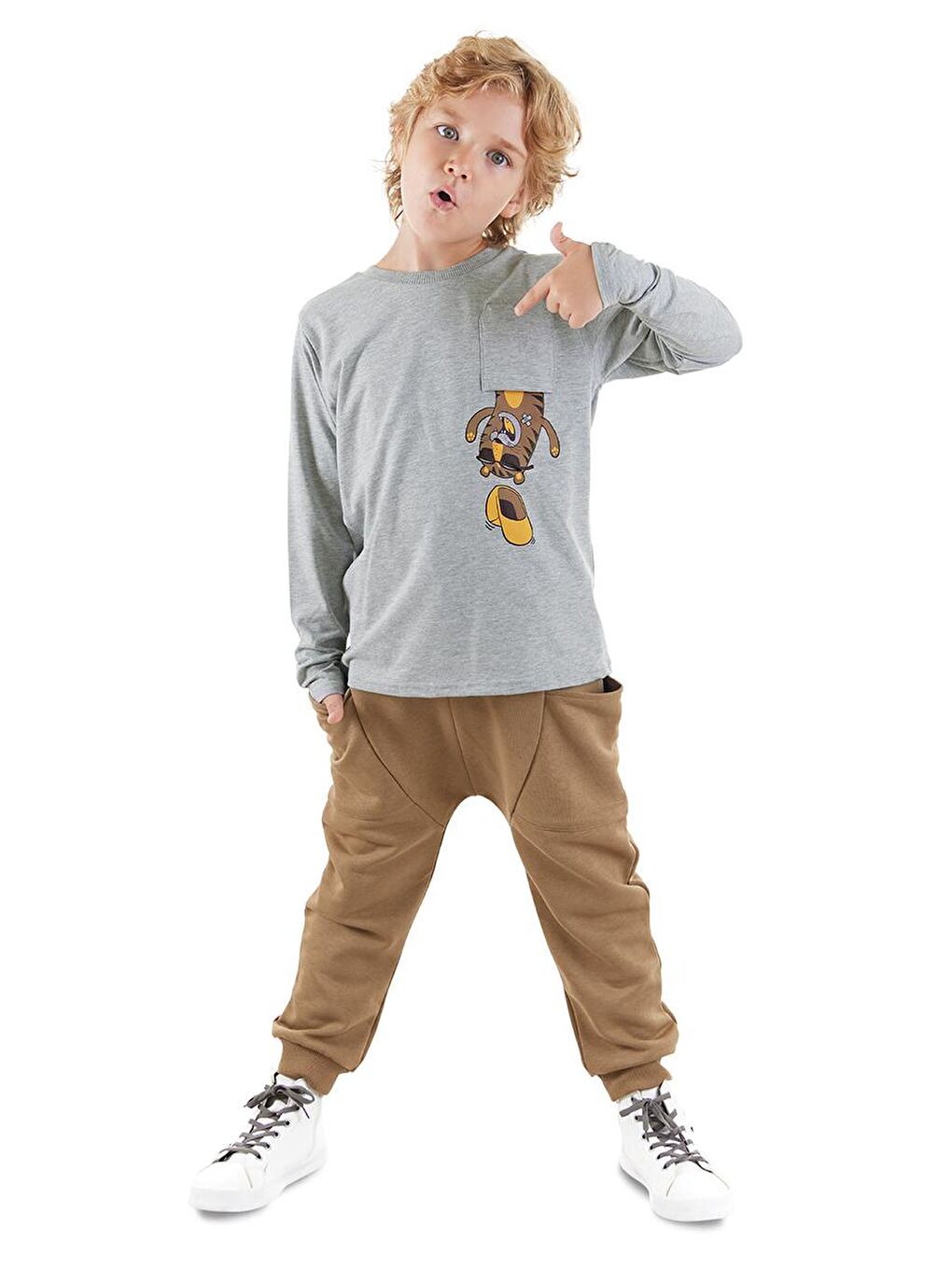 Denokids Gri Cepte Kaplan Erkek Çocuk T-shirt Pantolon Takım