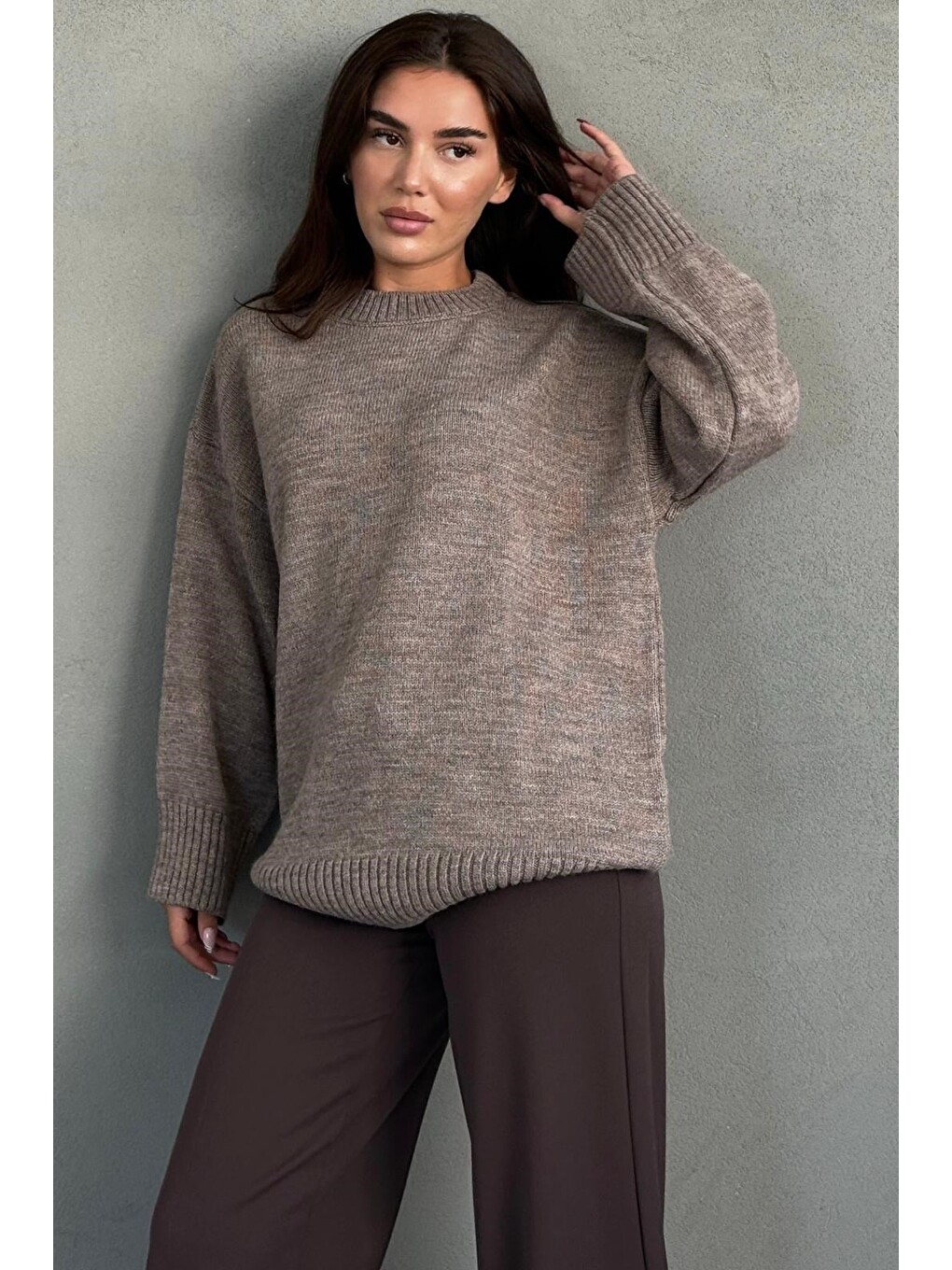 Bej Vizon Bisiklet Yaka Oversize Uzun Kadın Triko Kazak Mg2890-5