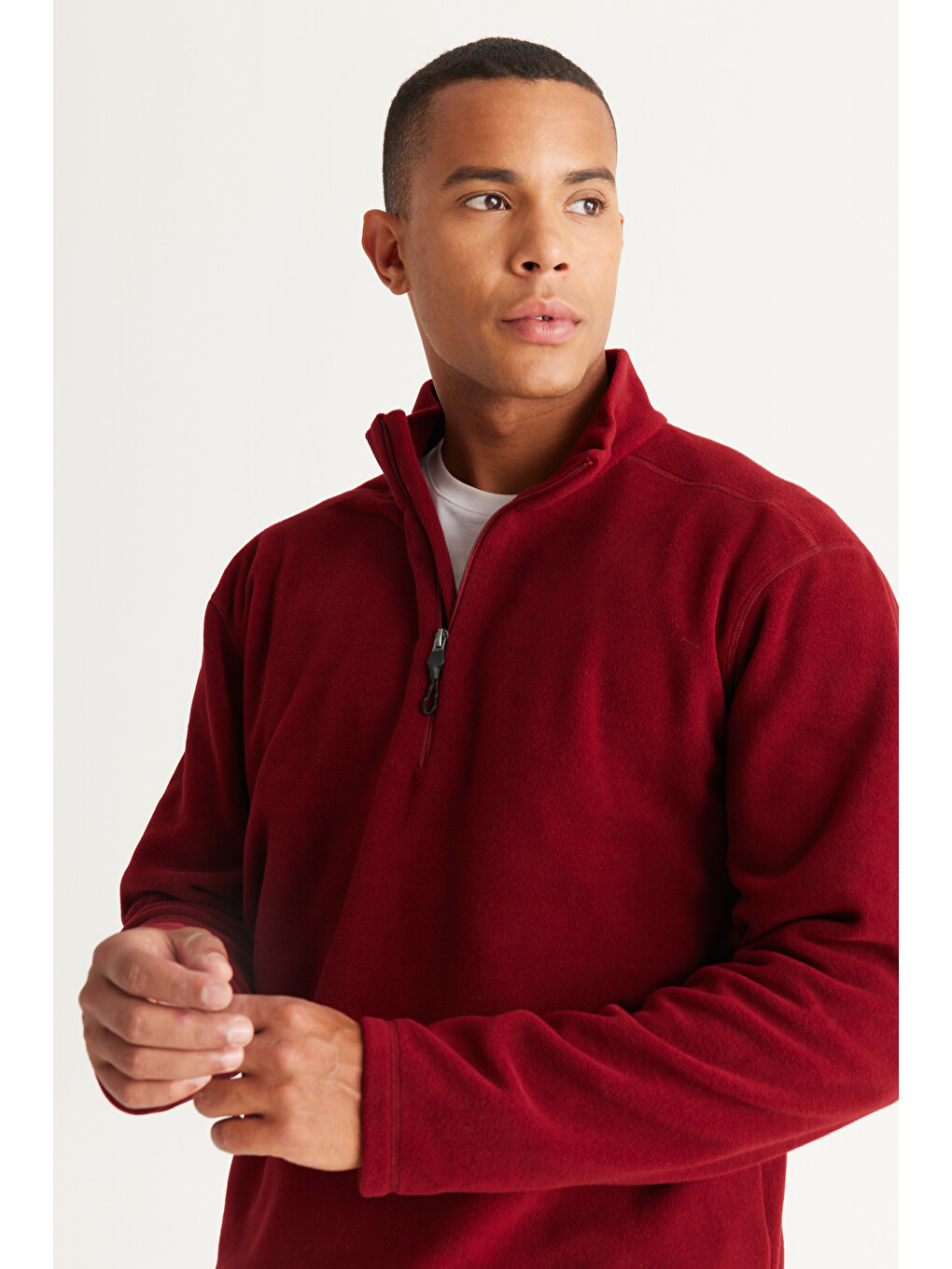 Erkek Bordo Anti-pilling Tüylenme Yapmayan Standart Fit Dik Yaka Polar Sweatshirt-1
