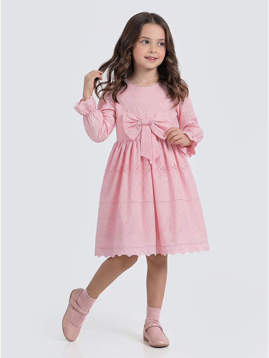 Pembe Kız Çocuk Uzun Kollu Önü Kurdelalı Fisto Elbise