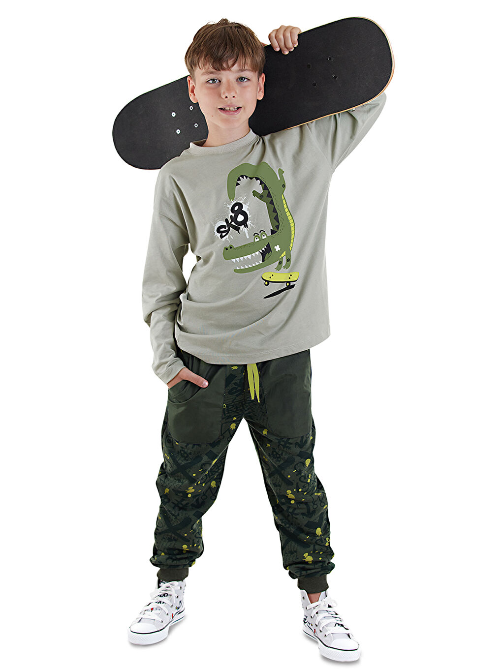 Bej Timsah Oversize Erkek Çocuk T-shirt Pantolon Takım