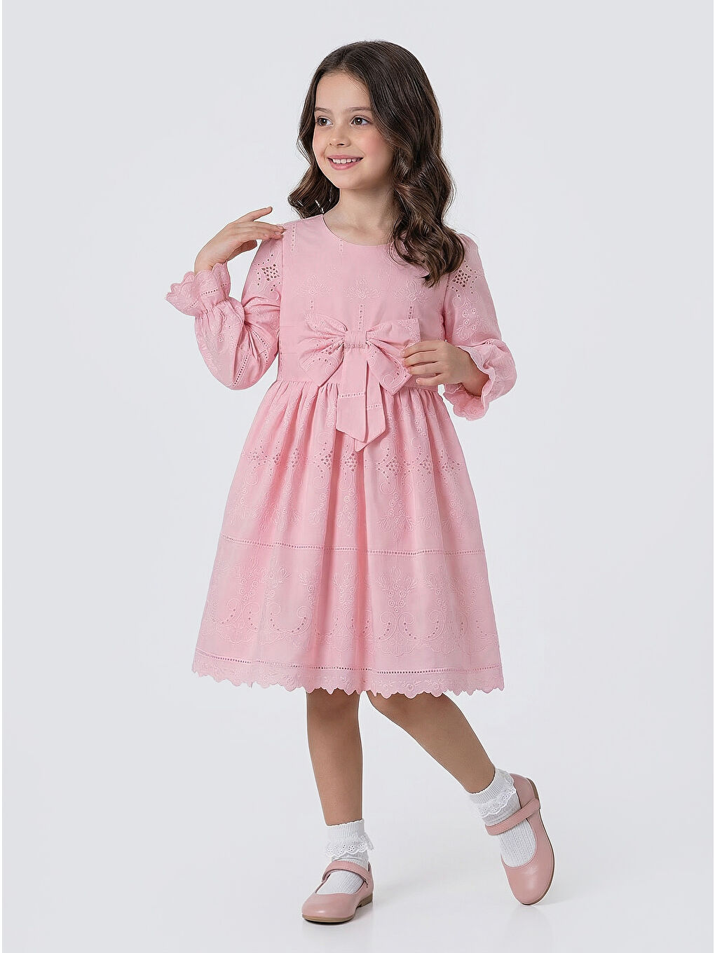 Pembe Kız Çocuk Uzun Kollu Önü Kurdelalı Fisto Elbise-1