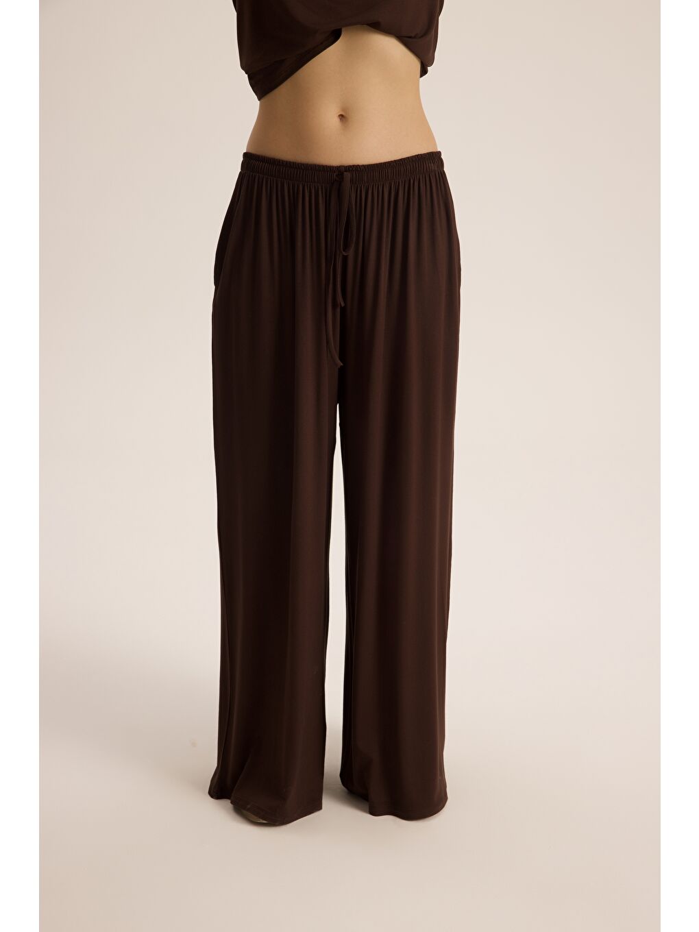 Kahverengi Merlin Bağlamalı Kahve Crop Pantolon Takım-2