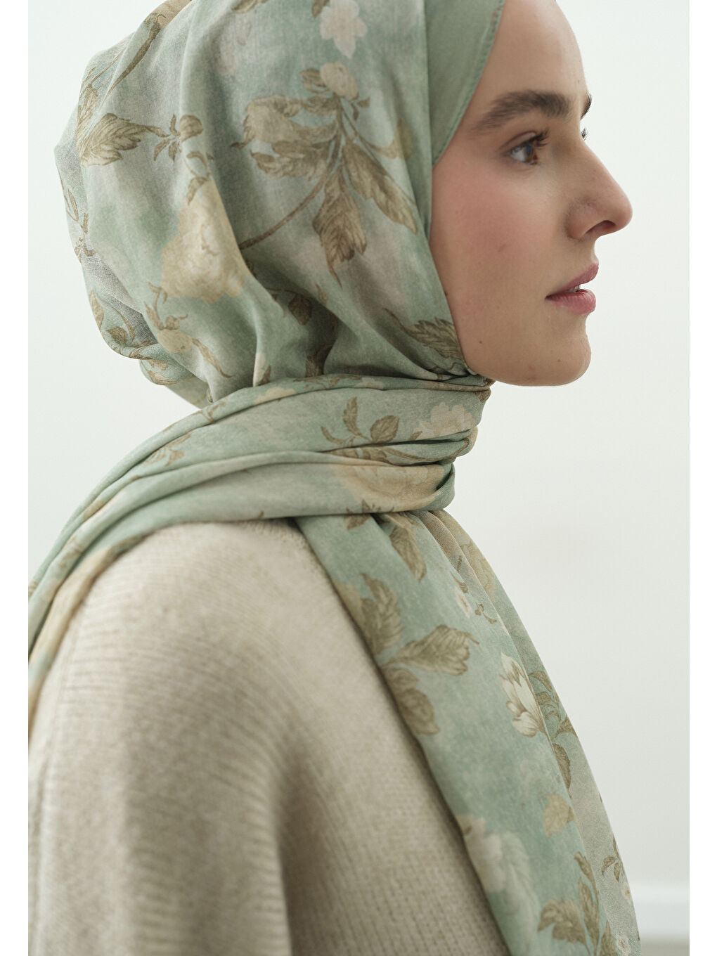 Yeşil REVERIE DESENLİ PAMUK VİSKON ŞAL MİNT YEŞİLİ-3