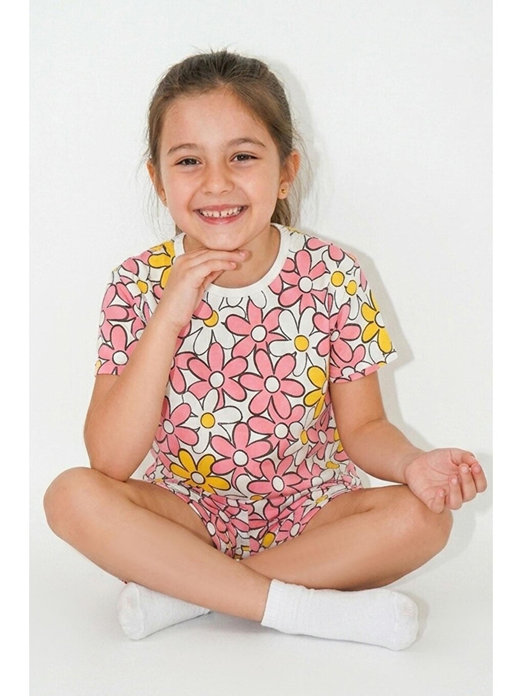 Kız Çocuk Şortlu Pijama Takımı Renkli Papatya Desenli Karışık Renk (4-8 Yaş)-1