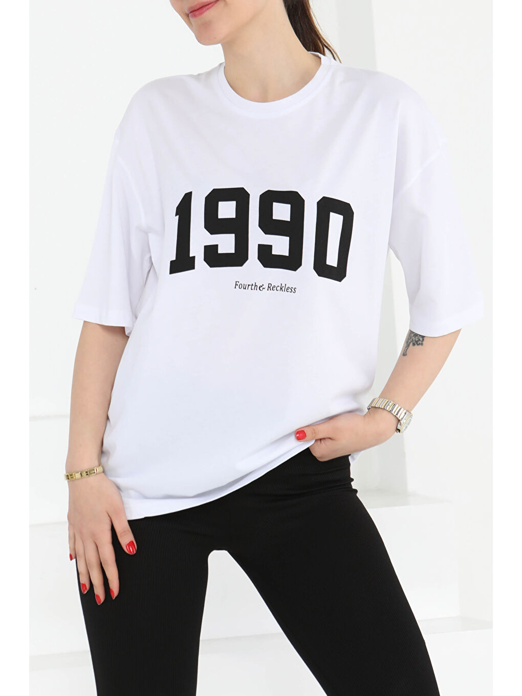 1990 Baskılı Kısa Kollu T-Şhirt Beyaz - 27124