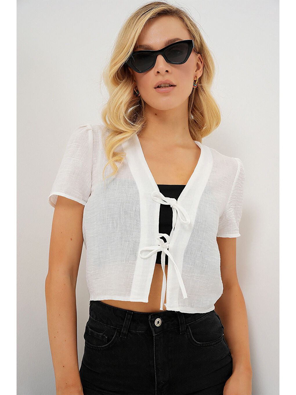 Kadın Kısa Kol Crop Bluz 958 - Beyaz-2