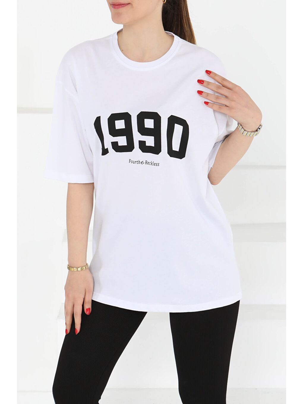 1990 Baskılı Kısa Kollu T-Şhirt Beyaz - 27124-2