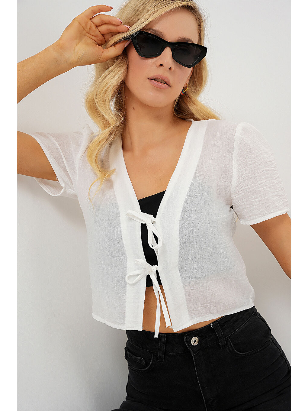 Kadın Kısa Kol Crop Bluz 958 - Beyaz-3