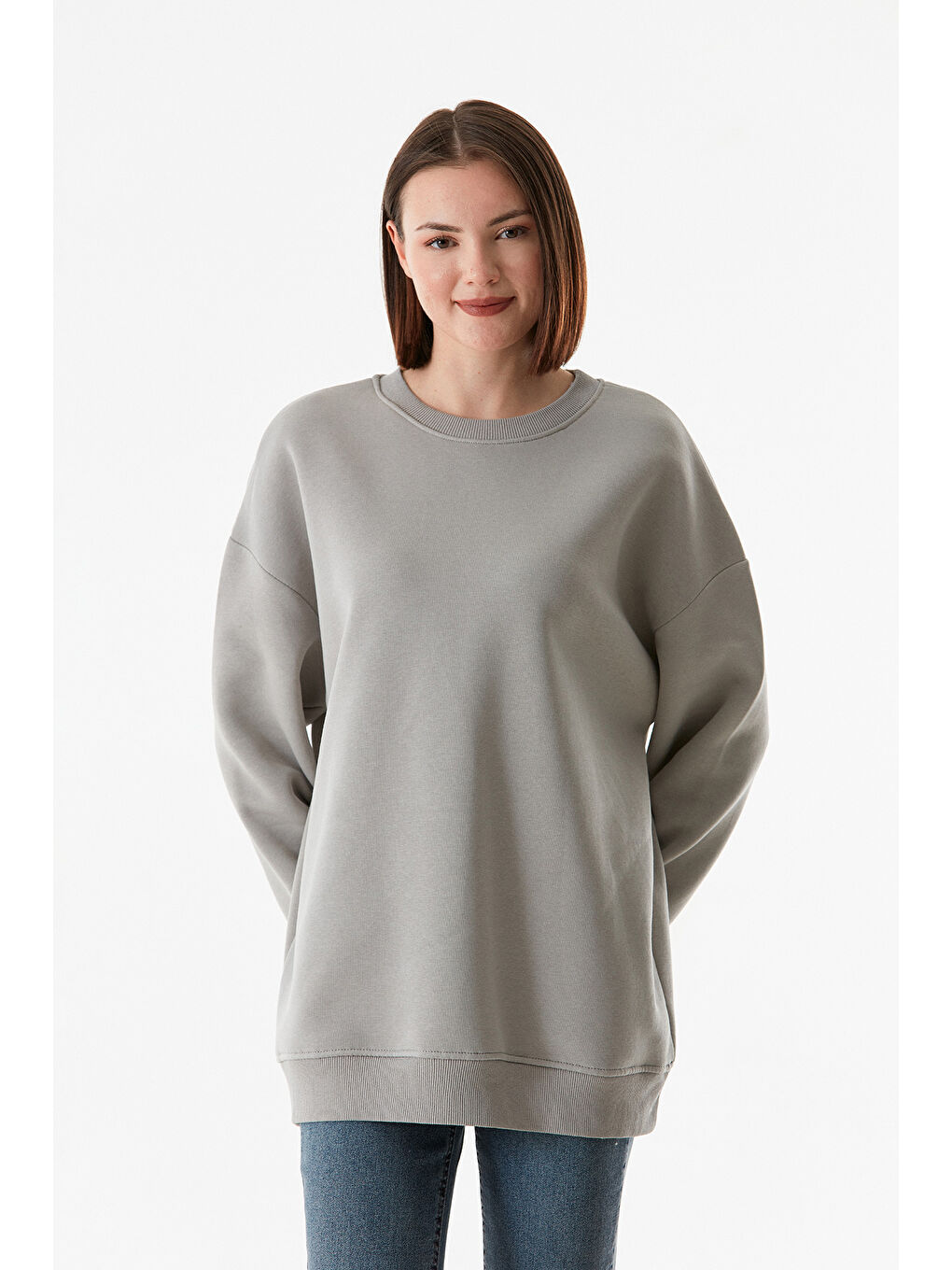 Fullamoda Gri Basic Bisiklet Yaka Sweatshirt