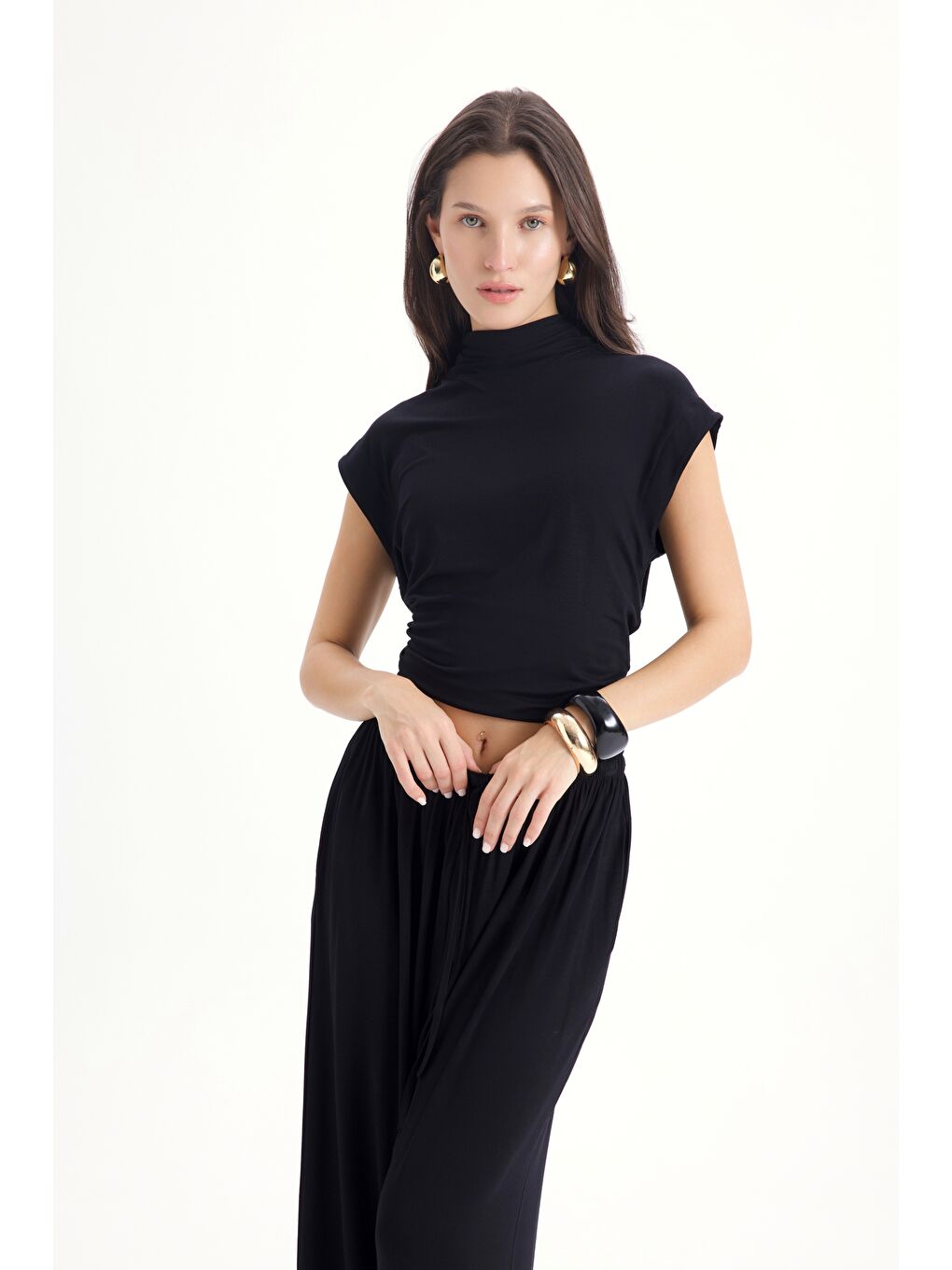 Merlin Bağlamalı Siyah Crop Pantolon Takım