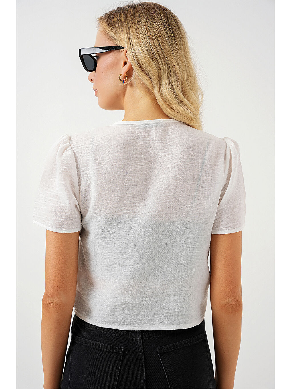 Kadın Kısa Kol Crop Bluz 958 - Beyaz-5