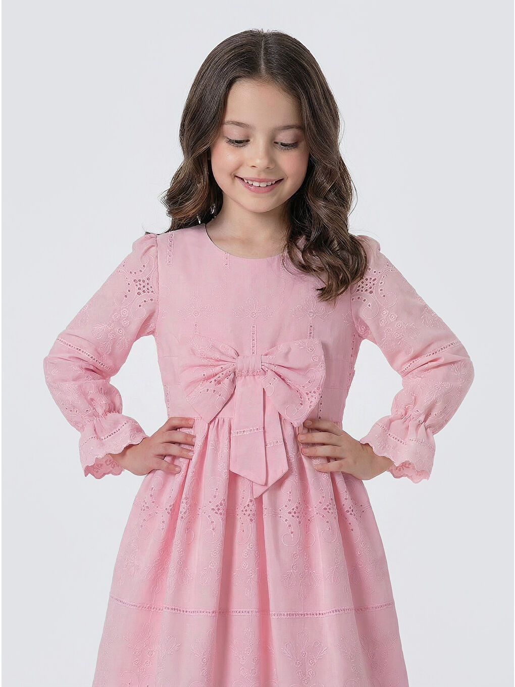 Pembe Kız Çocuk Uzun Kollu Önü Kurdelalı Fisto Elbise-3