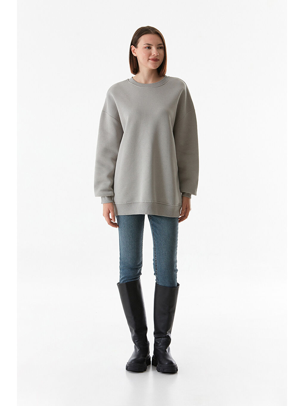 Fullamoda Gri Basic Bisiklet Yaka Sweatshirt - 1