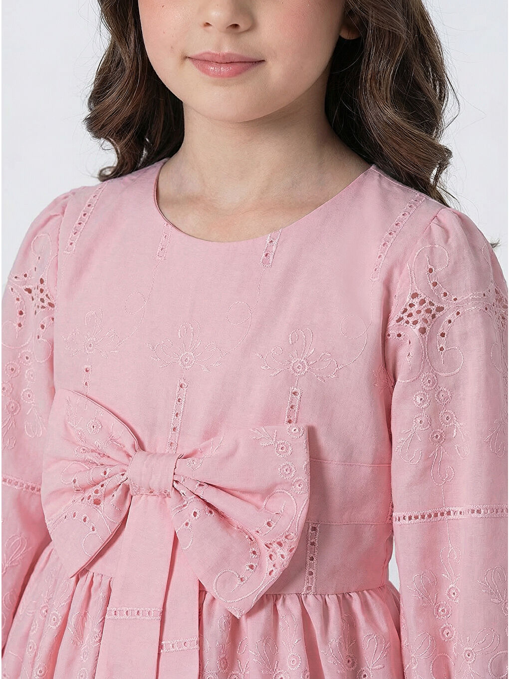 Pembe Kız Çocuk Uzun Kollu Önü Kurdelalı Fisto Elbise-4