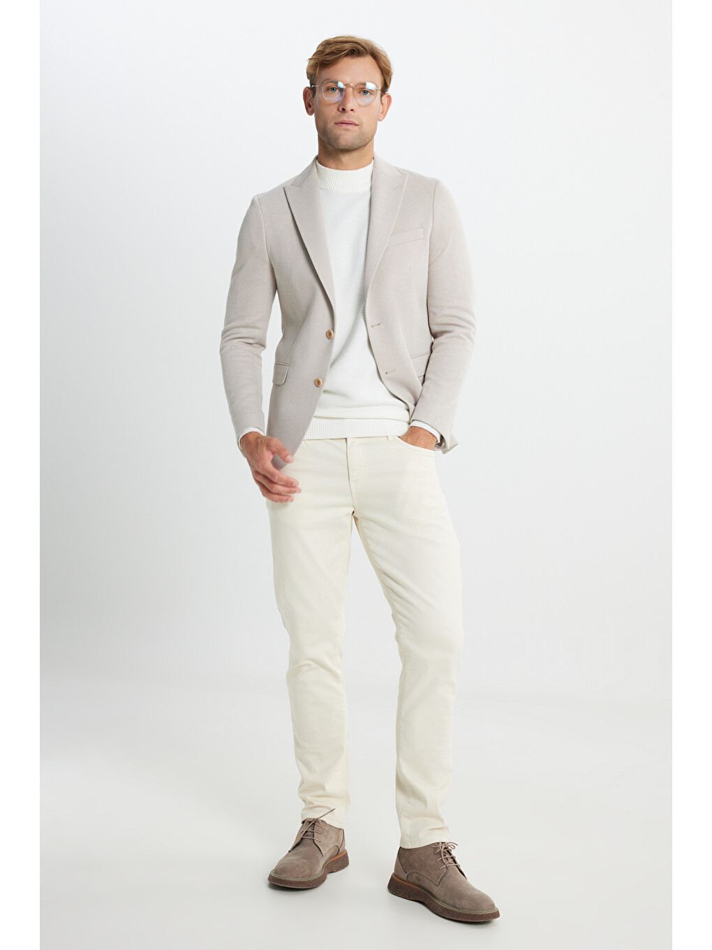 Erkek Bej Pamuklu Slim Fit Dar Kesim Kırlangıç Yaka Diagonal Desenli Kapak Cepli Ceket-1
