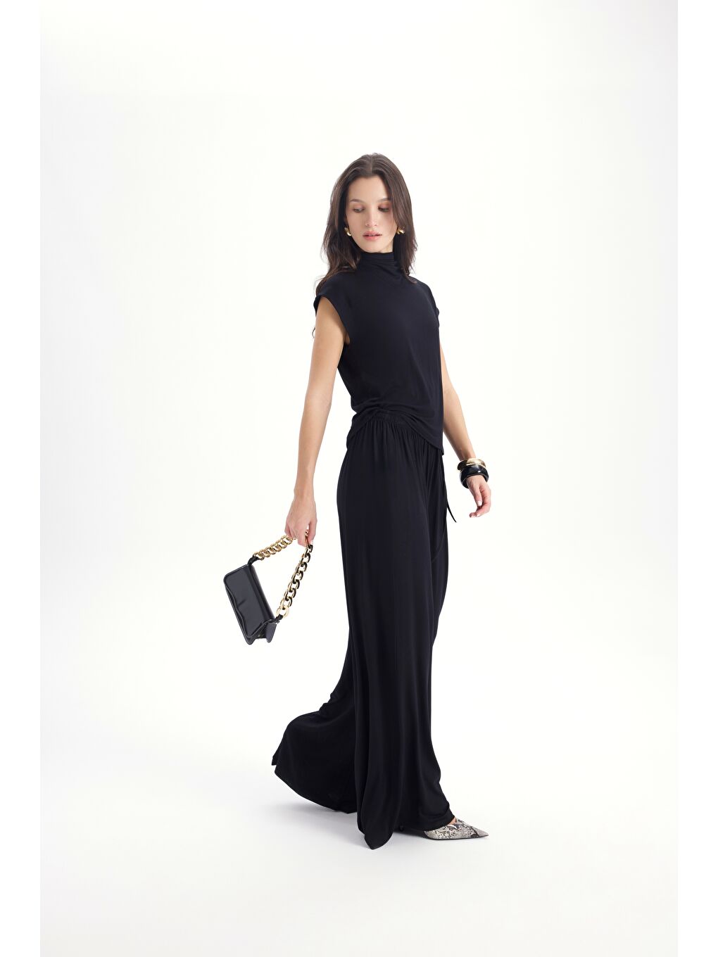 Merlin Bağlamalı Siyah Crop Pantolon Takım-1