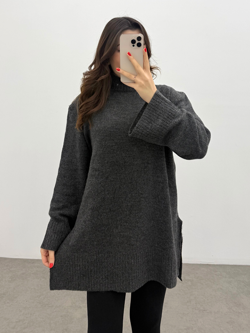 Kadın Antrasit Balıkçı Yaka Yumuşak Dokulu Basic Kazak-2