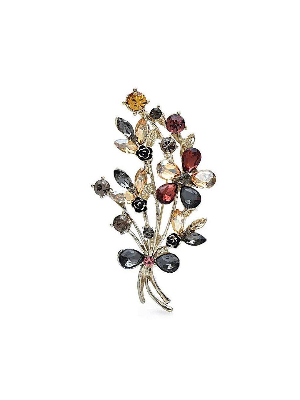 Gri Vintage Çiçek Buketi Taşlı Broş Yaka İğnesi-1