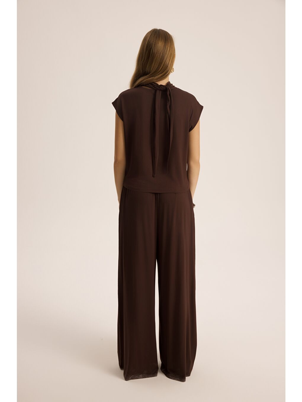 Kahverengi Merlin Bağlamalı Kahve Crop Pantolon Takım-4