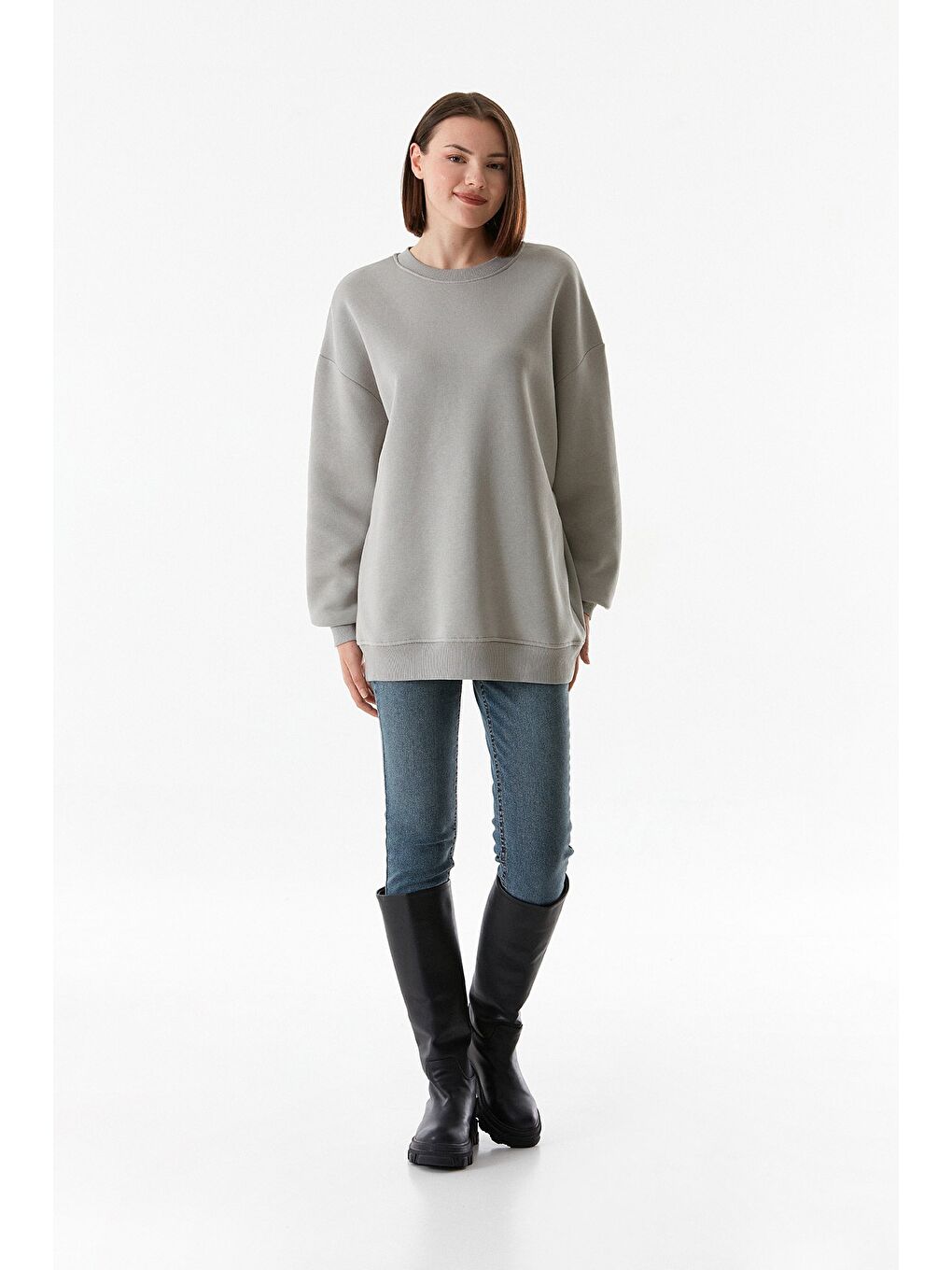 Fullamoda Gri Basic Bisiklet Yaka Sweatshirt - 4