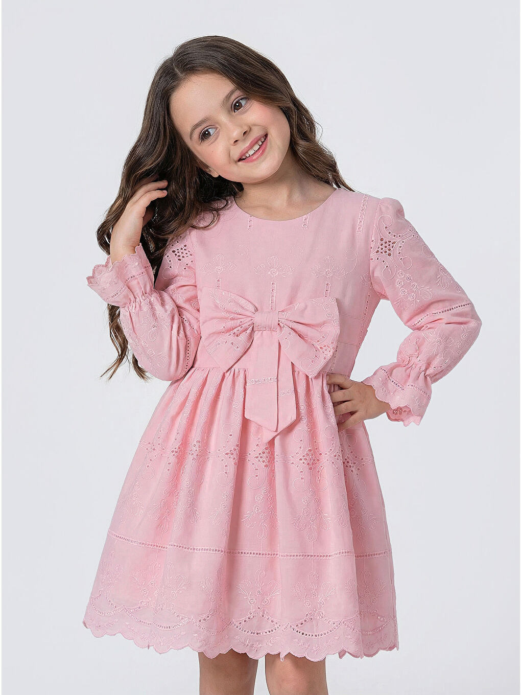 Pembe Kız Çocuk Uzun Kollu Önü Kurdelalı Fisto Elbise-5