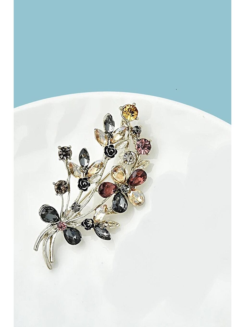 Gri Vintage Çiçek Buketi Taşlı Broş Yaka İğnesi-2