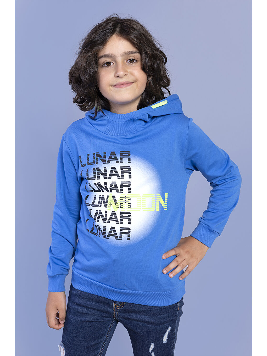Mavi Erkek Çocuk Kapüşonlu Baskılı Sweatshirt